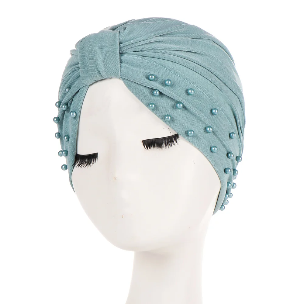 New Fashion Women Solid Turban Headband Beaded Muslim Hijabs Turbans