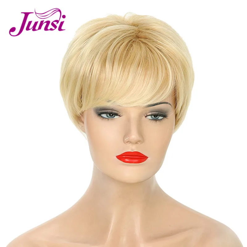 

JUNSI Short Golden Wigs for Women Golden Synthetic Wig Short Pixie Cut Heat Resistant Fiber Wig