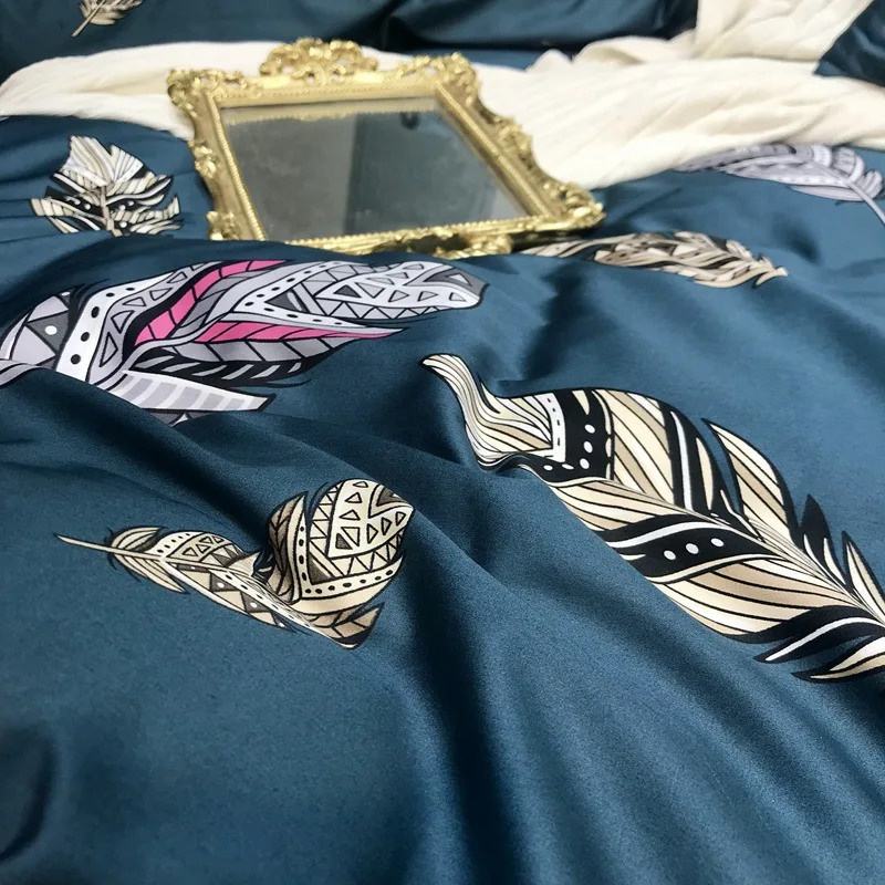 Комплект постельного белья из египетского хлопка с синими перьями и цветочным принтом, простыни из сатина, пододеяльник, Европейский покрывала для девочек