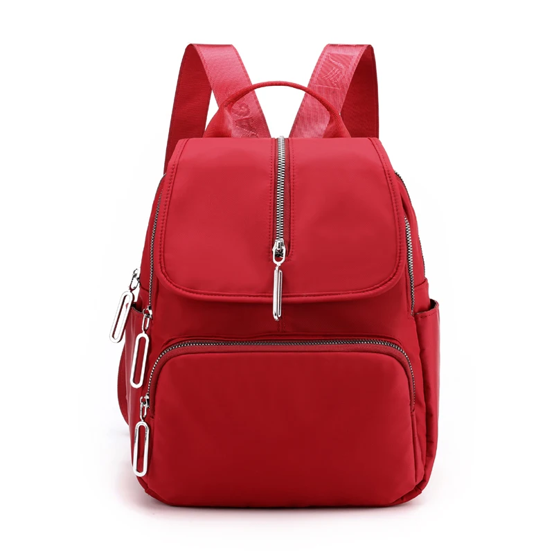 Lightweight Nylon Backpack Waterproof Breathable Fabric Students School Bag Fashion Solid Color Shoulder Schoolbag Knapsack - Color: Red