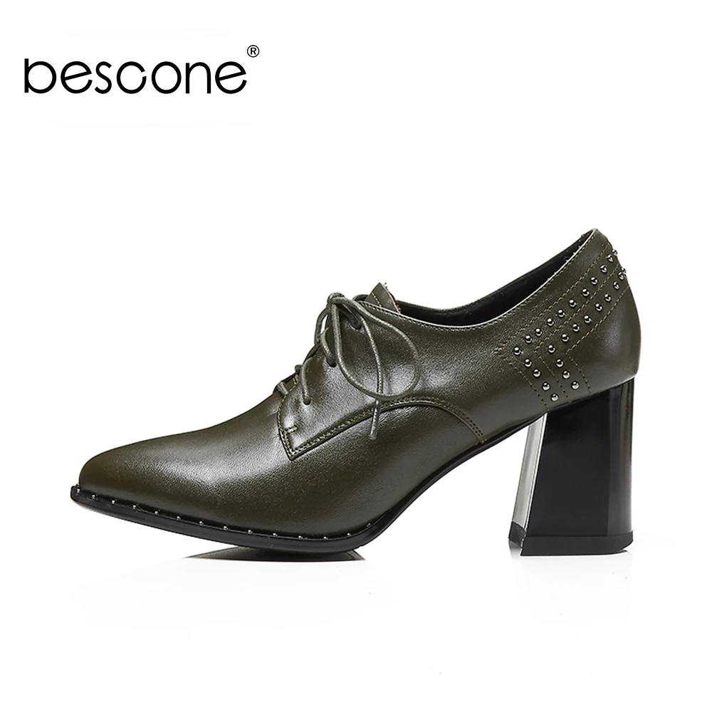 

BESCONE Genuine Leather Pumps Spring Fashion Rivet Pumps Cow leather Handmade Pointed Toe Hot Sale Square High Heel Shoes BO1