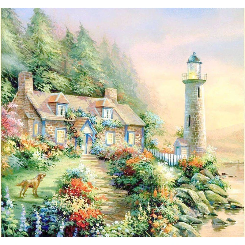 Full Square Diamond 5D DIY Diamond Thorn Lighthouse House Diamond Painting Cross-stitch Rhinestone Mosaic Decoration Gift