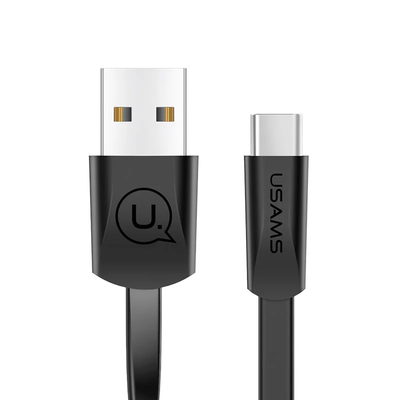 USB type-c кабель, USAMS 2A Быстрая зарядка синхронизации данных Плоские USB кабели для samsung s9 s8 c-кабель зарядное устройство кабель type c usb зарядное устройство - Цвет: Black