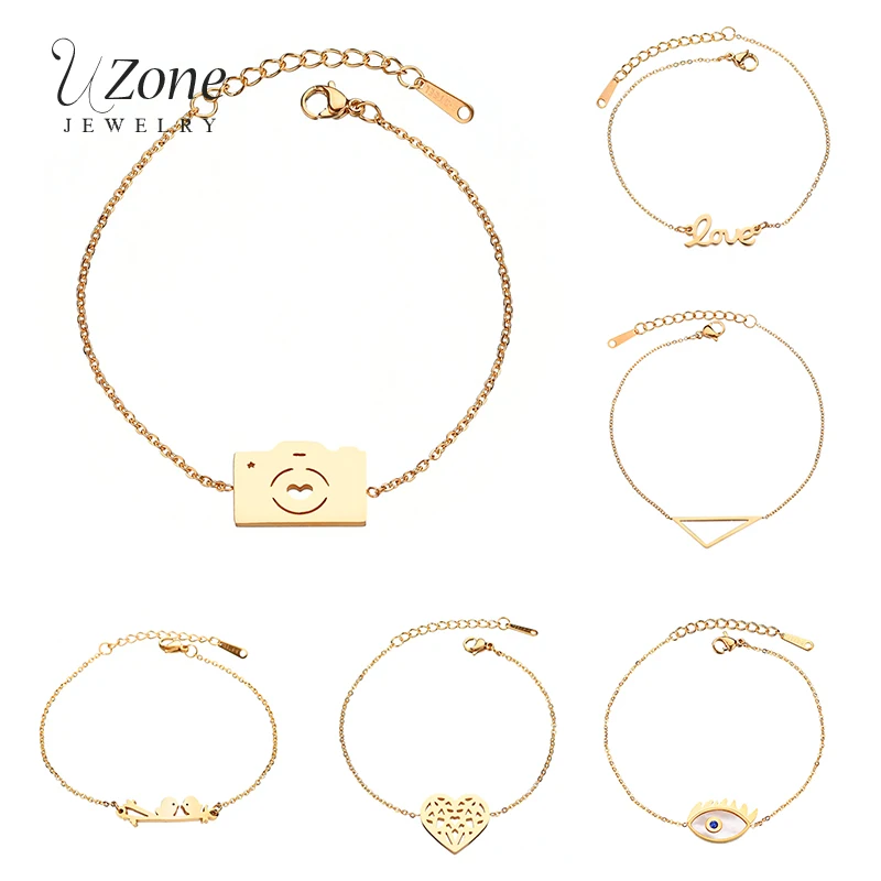

UZone Simple Style Charm Bracelet For Women Silver Gold Camera Bird Heart Letter Love Triangle Evil Eye Stainless Steel Bracelet