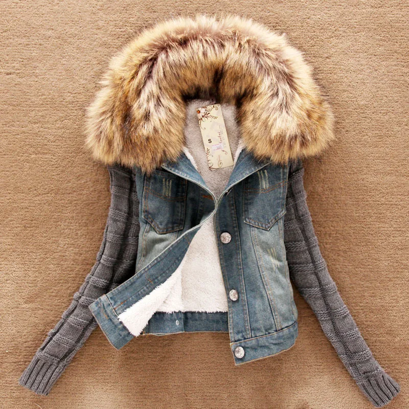 denim winter coat with fur hood