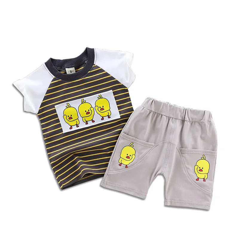 

Boy Suit Summer Suit 2019 Children's Circle Neck Stripe Short Sleeve Baby Cartoon Shorts Two-piece Suit 1-4 Years Old
