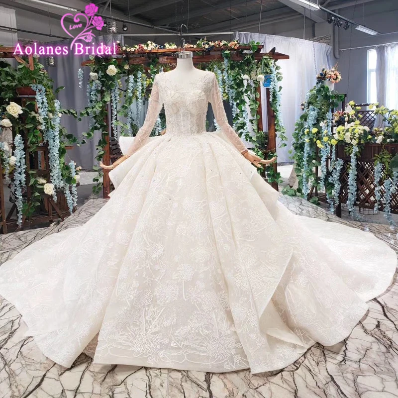 

Long Sleeves Beads Top Wedding Dresses Ball Gown Vestido De Noiva 2019 Lace Bridal Wedding Gowns Robe De Mariage Custom Made