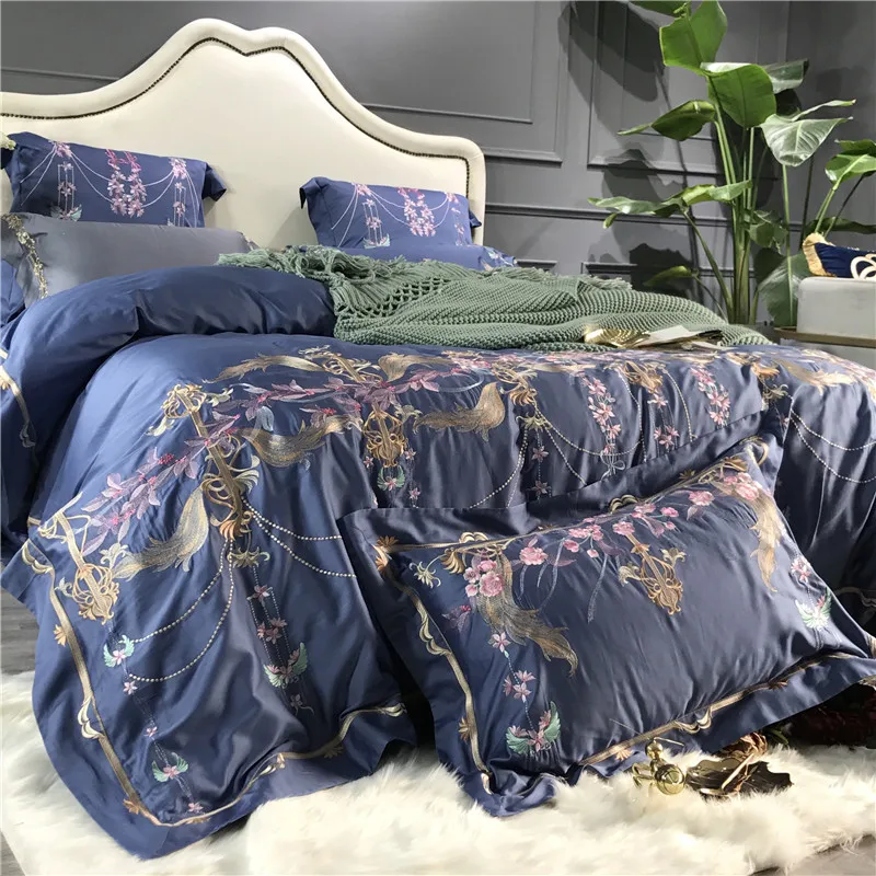 Blue Luxury Flowers Embroidery 80s Egyptian Cotton Palace Bedding