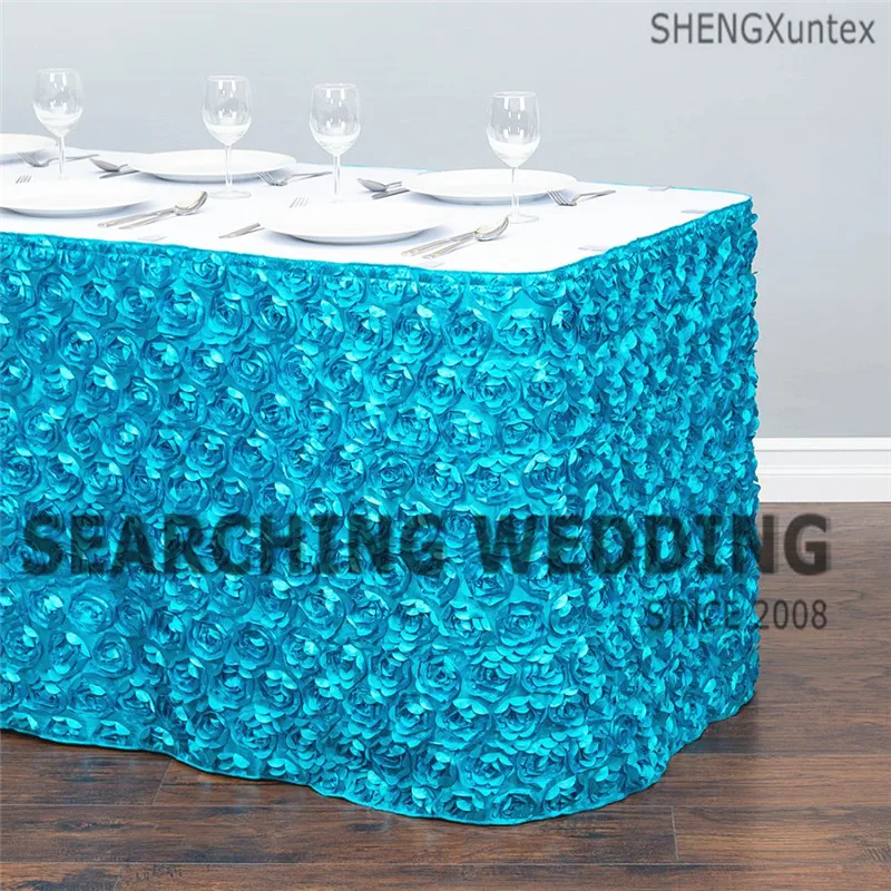 

Nice Looking Satin Rosette Table Skirt Wedding Tablecloth Skirting Free Shipping