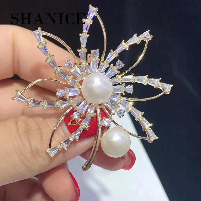 

SHANICE Luxury Big Shell Pearl Micro Paved Flower Gold color AAA Cubic Zirconia Crystal Brooch/ Pin Christmas Gift