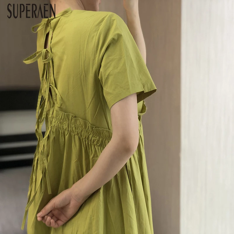 

SuperAen Summer New 2019 Cotton Women Dress Solid Color Causal Ladies Dress Short Sleeve Fashion Wild Women Clothing