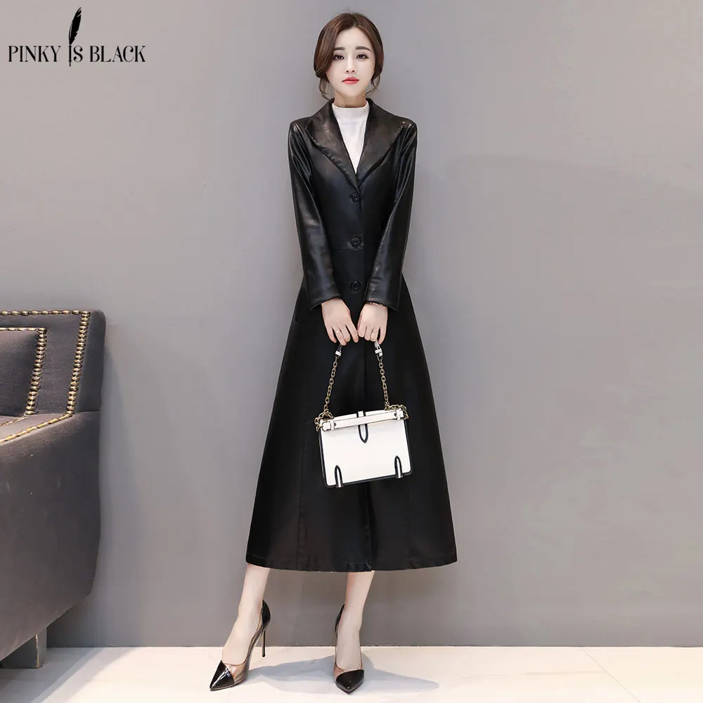 PinkyIsBlack Spring Autumn Women Leather Jacket Fashion PU Leather Coats X-long Single Breasted Turn Down Collar Leather Jacket
