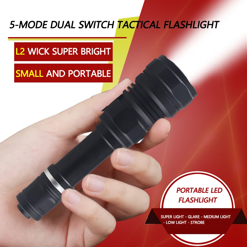 Modos de Arma + 18650 + Bateria Portátil Lanterna Tática Caça 5 Autodefesa Luz Recarregável Usb Cabo 8000lm l2 4 + Bateria Recarregável USB cabo