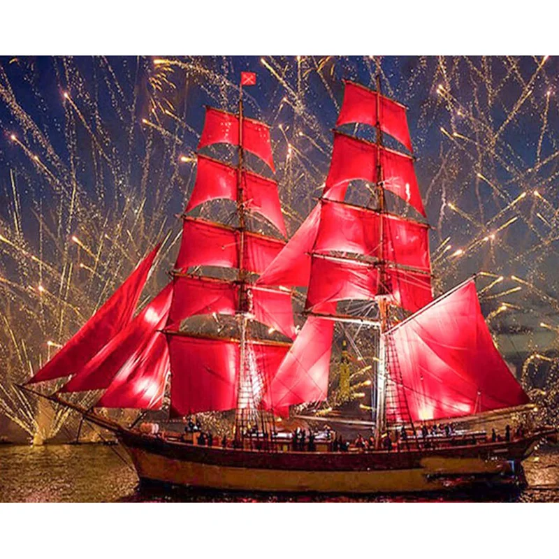 5d diy diamond painting round full cube diamond embroidery red ship scenery pattern hobbies and diamond mosaic Christmas gift