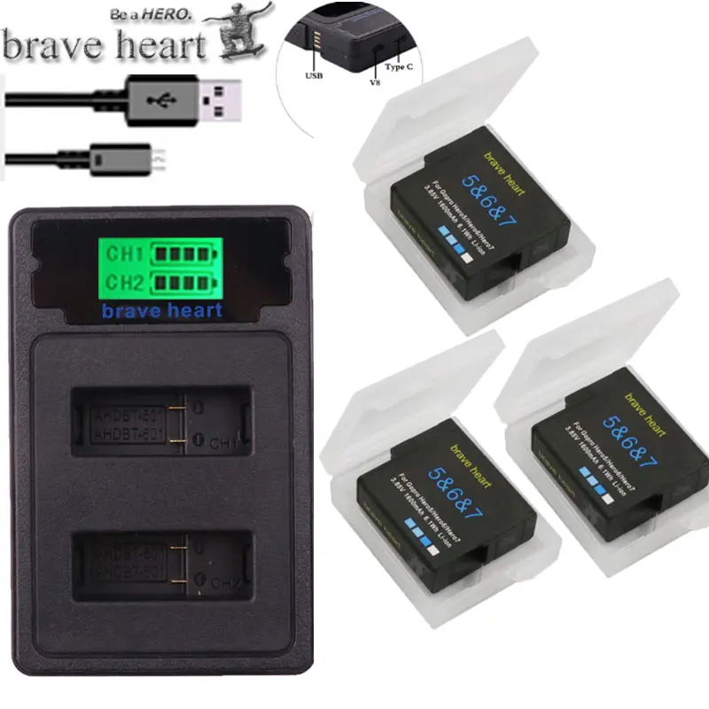 

new version 3x Gopro hero5 bateria hero 5 battery pack + LCD dual USB Charger for GoPro go pro hero5 Hero 5 6 7 hero7 camera