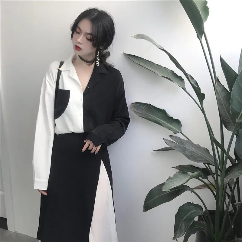 Woherb Korean 2019 Summer Harajuku Women Tops Contrast Blouses Black White Patchwork Shirt Elegant Lady Top Chic Blusas 74820
