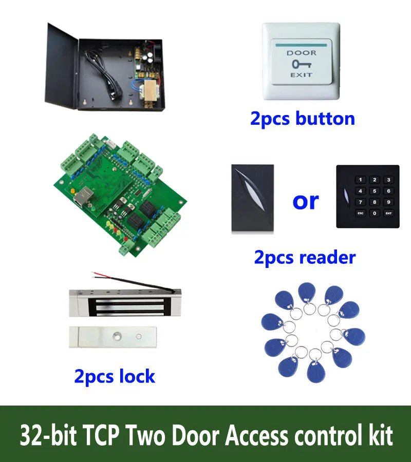 

RFID 32-bit access control kit,TCP two door access control+powercase+180kg magnetic lock +ID reader+button+10 ID tag,sn:kit-T203
