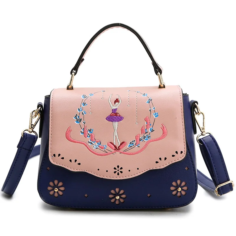 

Women Leather Embroidery Messenger Bag Girl Shoulder Bags Female Bag Braccialini Style Handicraft Design Cartoon Dance Ballet