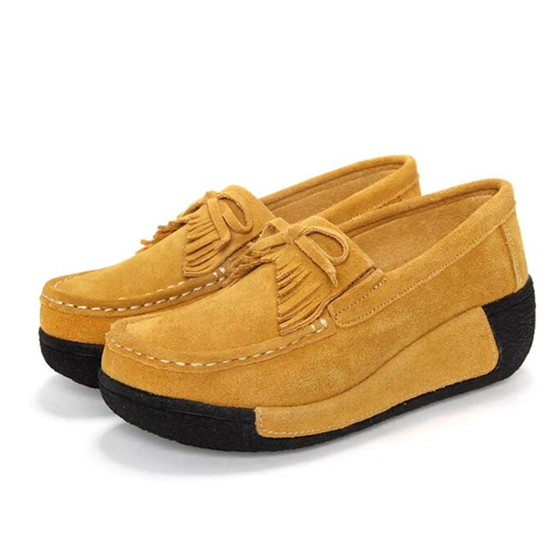 Leather Tassel Women Toning Shoes Height Increasing Swing Shoes Thick Soles Wedge Slimming Spring Autumn Women Lazy