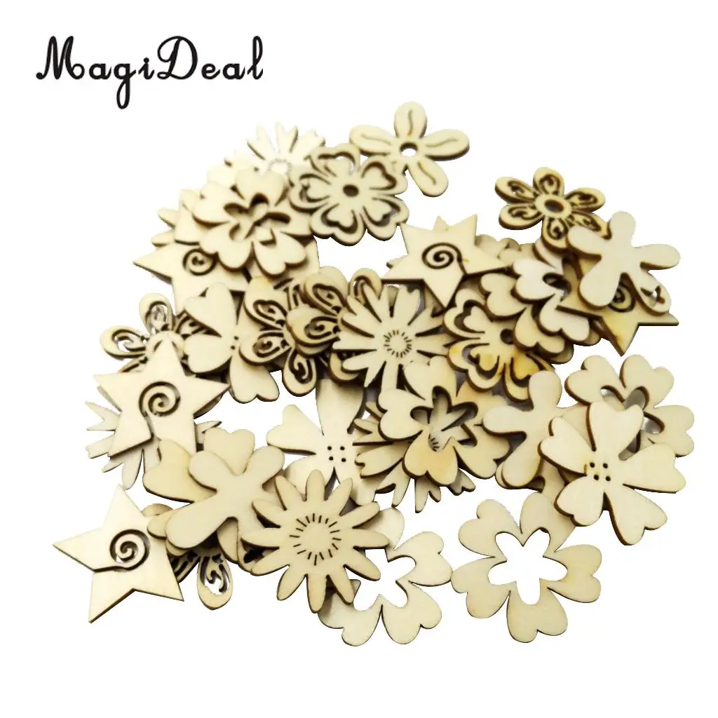 MagiDeal 50 Pieces Mixed Natural Wood Flower Shapes Embellishment Craft Scrap Booking Card Sign Making for Party Decor Favor 