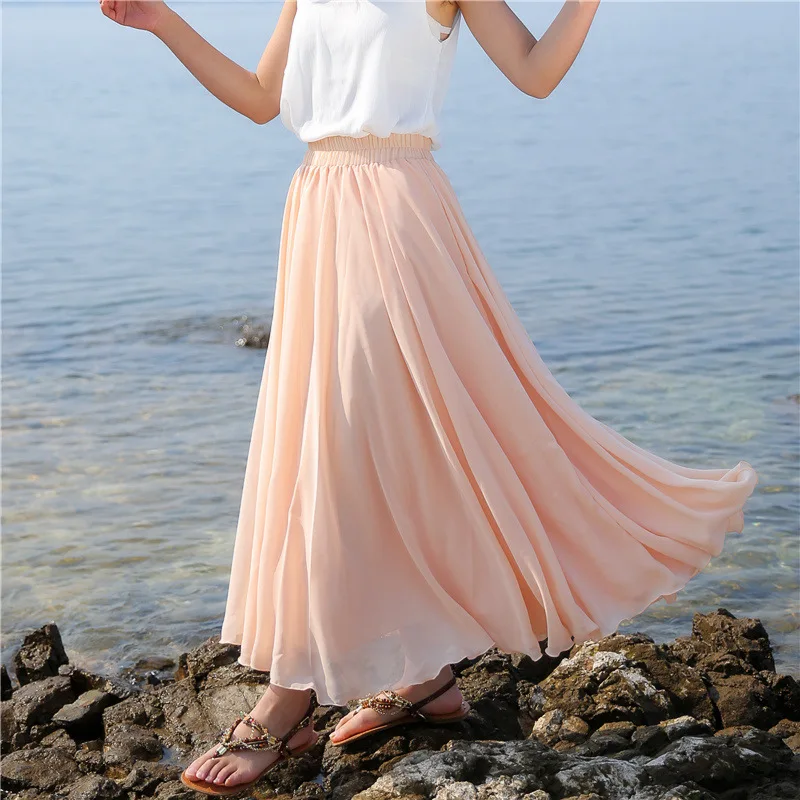 Новинка, летние богемные юбки, женские тянущиеся шифоновые длинные юбки с высокой талией, пляжная юбка макси, Faldas Saias, уличная одежда в стиле бохо - Цвет: pink 2