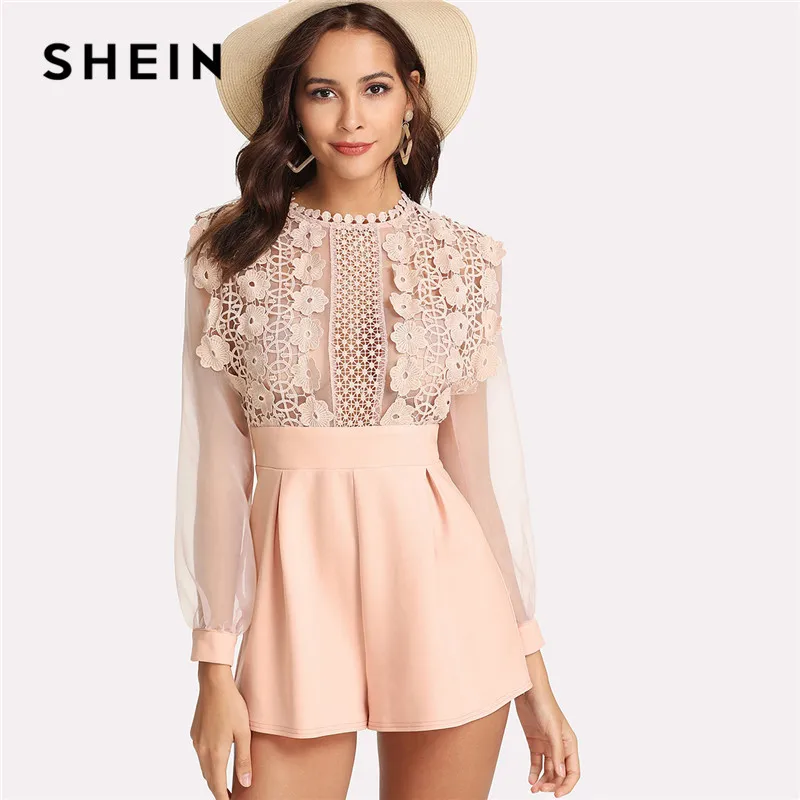 SHEIN Pink Pastel Floral Lace Rompers Womens Jumpsuit Sexy Jumpsuits High Waist Wide Leg