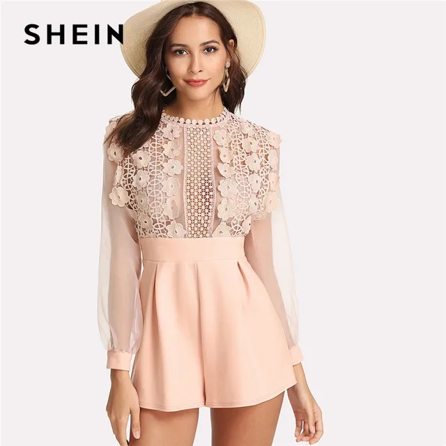 SHEIN Pink Pastel Floral Lace Rompers Womens Jumpsuit Sexy