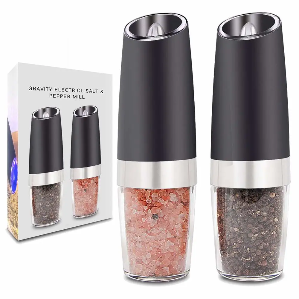 

Salt and Pepper Grinder Set of 2pcs Electric Salt and Mill Grinder Adjustable Ceramic Grinding Pepper Mill with Led Light Black
