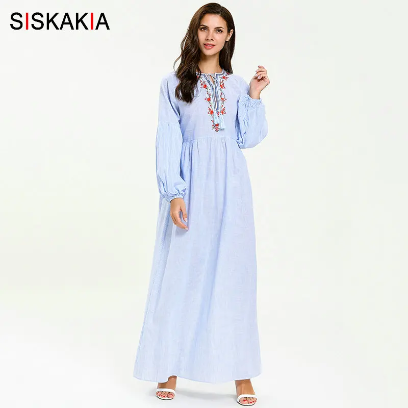 Siskakia عارضة النساء فستان طويل الحلو أسقف كم فضفاض زائد حجم فساتين ضوء الأزرق الأزهار التطريز مسلم ملابس الصيف