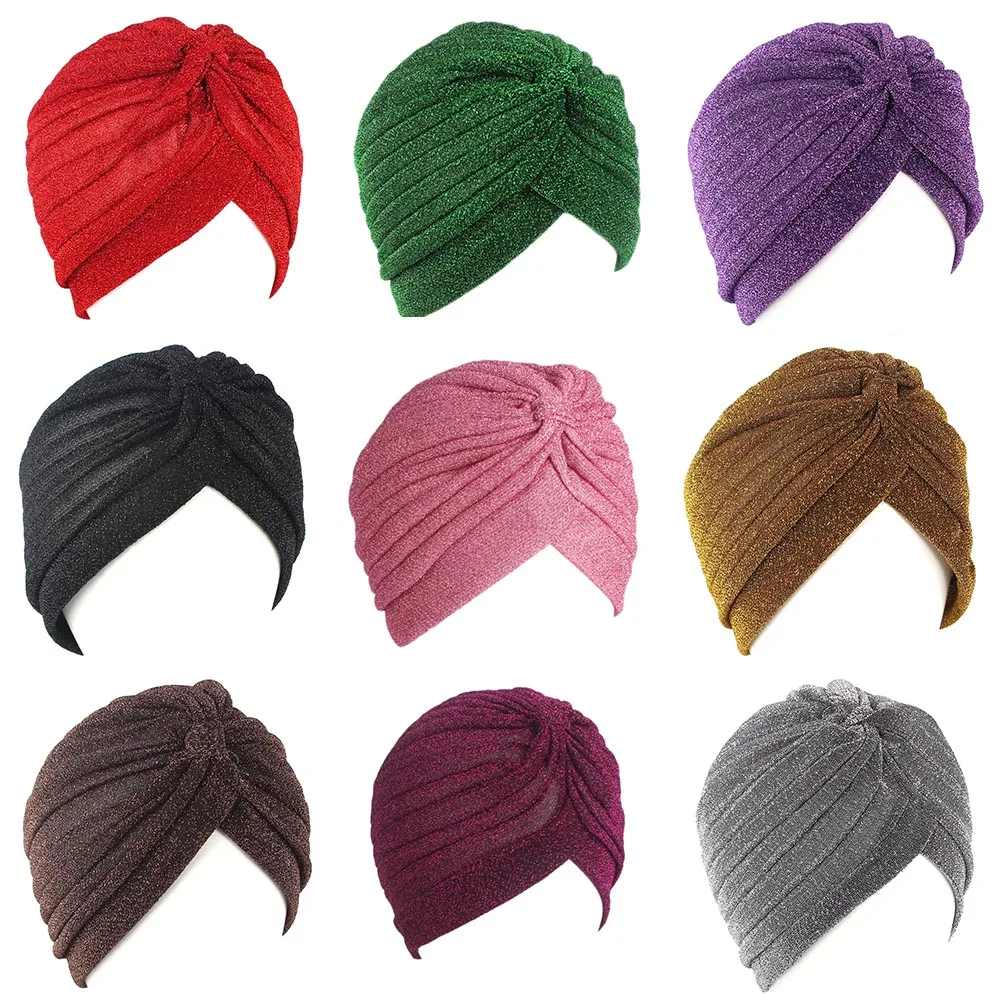 Женские блестящие серебристые и золотые повязки на голову с узелком, шапка-тюрбан на осень и зиму, Теплый головной убор, Повседневная Уличная одежда, женские индийские шапки