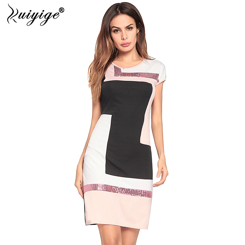 Ruiyige 2018 Women Sequin Patchwork Summer Dress O-Neck Casual Falda Vestidos Sexy Sheath Party Contrast Dresses Midi Robes  