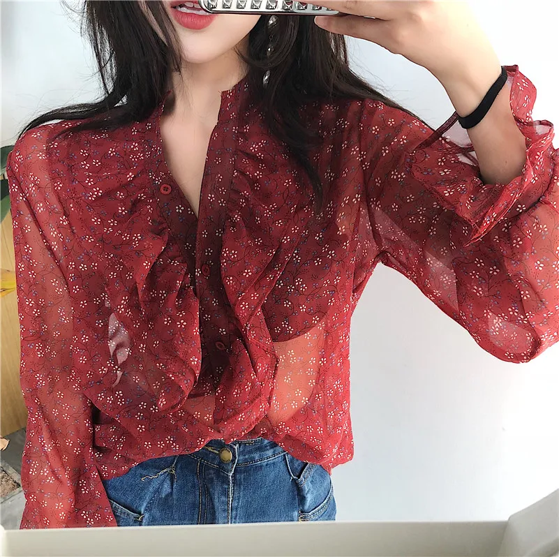 

Fresh Sheer Transparent Chiffon Blouse Flower Print Layers Ruffles Shirt Women Chemise Femme Chemisier Blusa Mujer Camisa