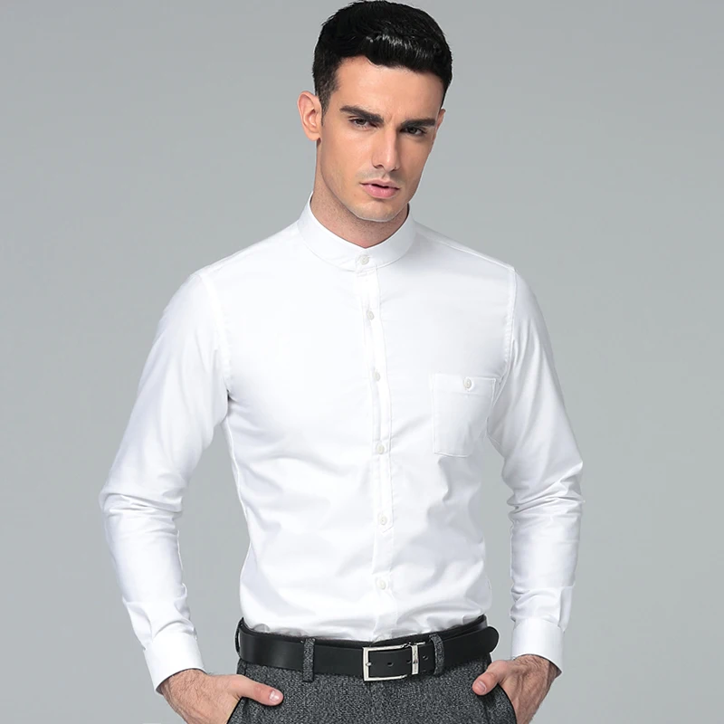 Высокое качество Новинка 2017 года Для Мужчин's Regular Fit рубашка 100% хлопок Для мужчин рубашки Для мужчин; воротник-стойка Бизнес рубашки
