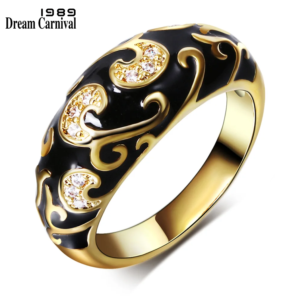 

DC1989 New Bohemia Fashion Engagement Ring for women Gold Plated Black Epoxy Synthetic White Cubic Zirconia Size 5 to 10 bague