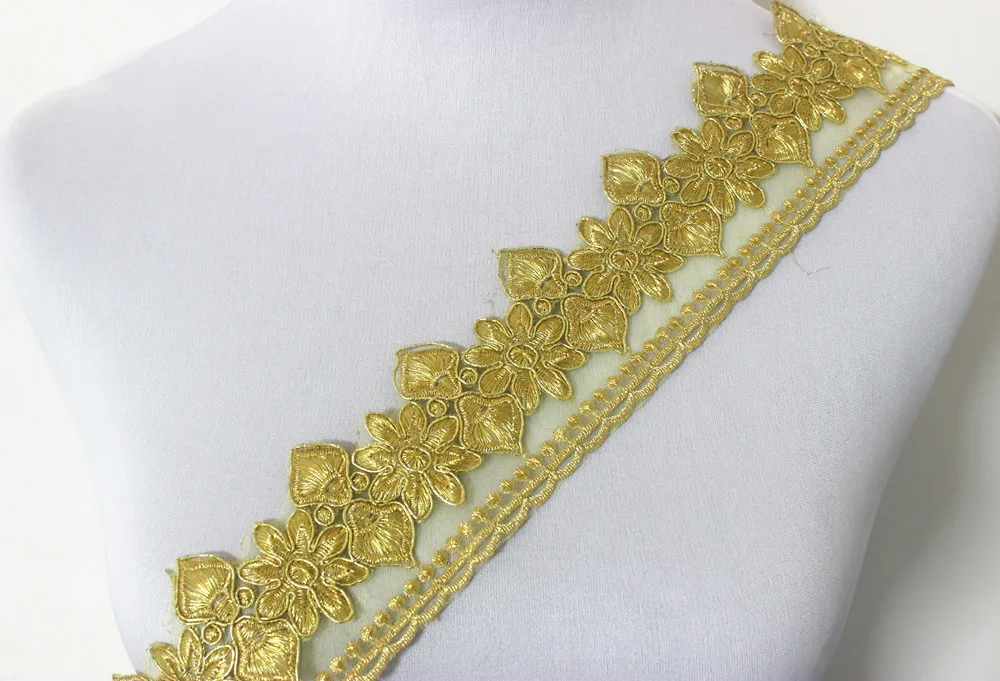 5yard Gold Metallic Applique Ribbon Scrapbooking Embroidered Lace Motif
