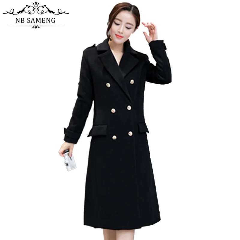 Wool Coat Women Winter Ankle Length Coats Plus Size Black Long Tail