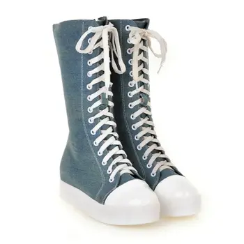 

Creepers Women Canvas Lace Up Med Heel Ankle Boots Winter Wedges Oxfords Platform Party Punk Pumps Shoes Round Toe Tennis Shoes