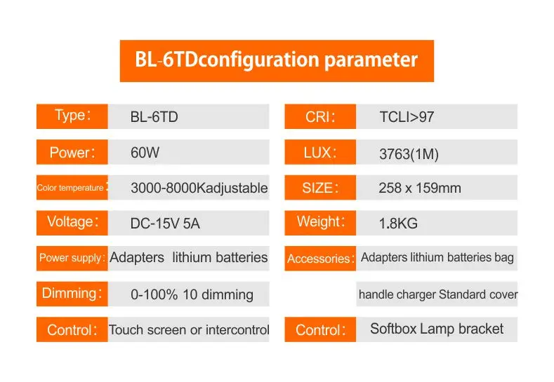 Falcon Eyes Battery LED Light 60W Photography Light Bi-color Adjustable Color Temperature Fill Light BL-6TD GODX