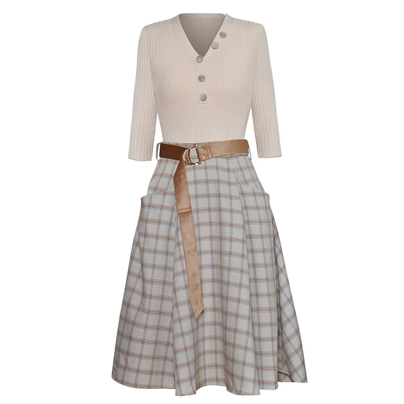 

New Women White V-Neck Top And Plaid Skirt Set With Belt J9204