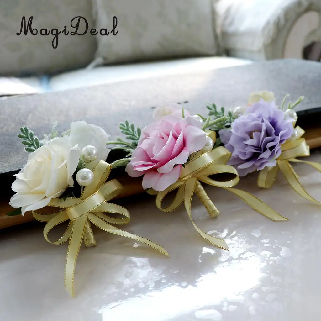 

MagiDeal Silk Flower Wedding Bride Corsage Groom Boutonniere Buttonhole Pin