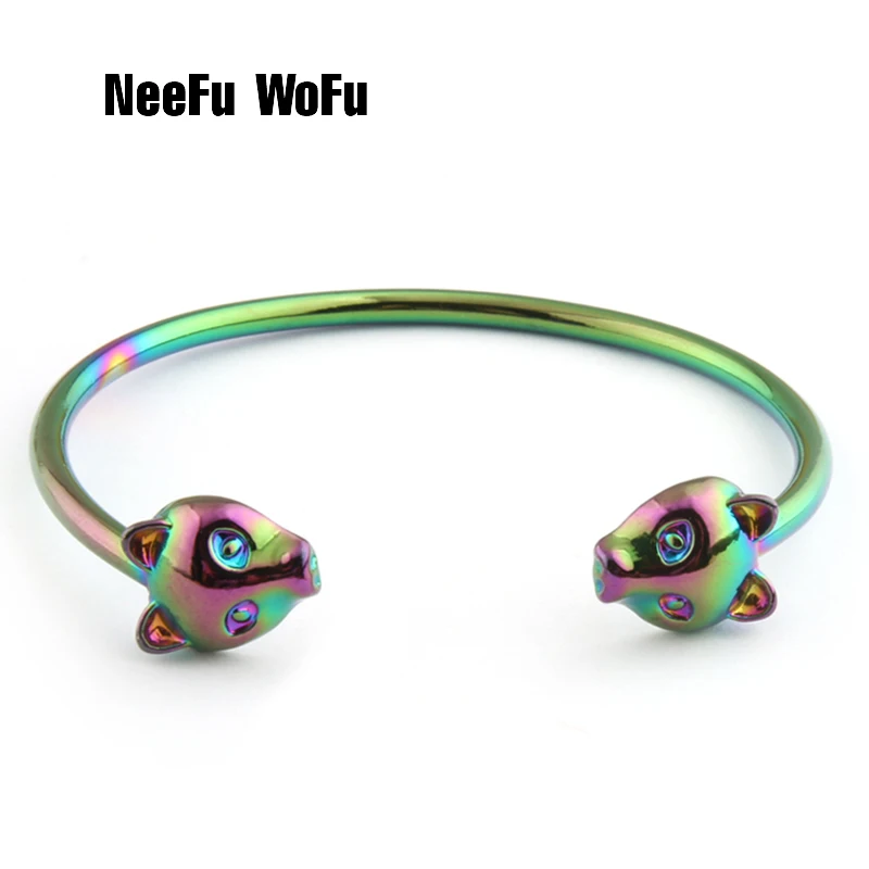 

NeeFuWoFu Multicolored Leopard Head Bracelets Bangles For Woman Leopard Open Gradient Metal Manual National Charm Jewelry Gift