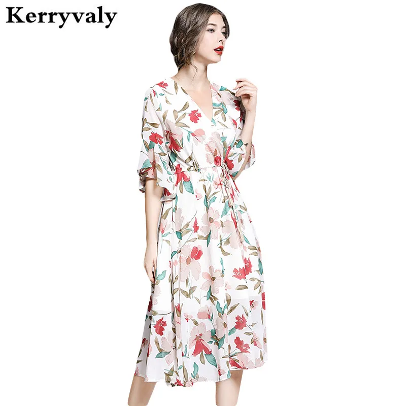 

Romantic Flowers Printed V-neck Chiffon Summer Dress Vestidos Mujer Verano 2019 Retro Midi Parry Beach Dress Lange Jurken K6806