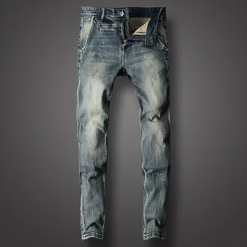 

Italy Style Fashion Men Jeans Retro Blue Color Vintage Ripped Jeans For Men Paint Design Slim Fit Streetwear Hip Hop Jeans homme