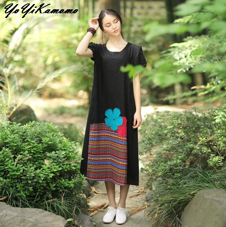 YoYiKamomo 2017 Women Dress Big Size Vintage National Linen Flower Loose Long Robe | Женская одежда