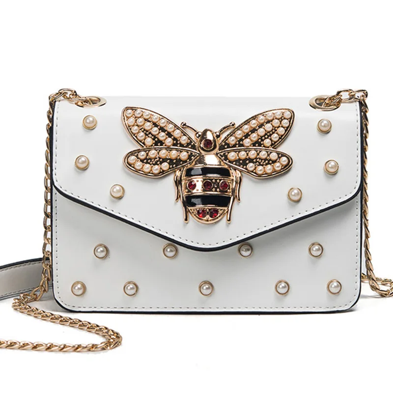 ALIEME Women Brand Desinger Rhinestones Bee PU Leather Shoulder Bag Small Crossbody Bag with Chain For