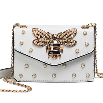 

ALIEME Women Brand Desinger Rhinestones Bee PU Leather Shoulder Bag Small Crossbody Bag with Chain For Girls Ladies Bag Bolso