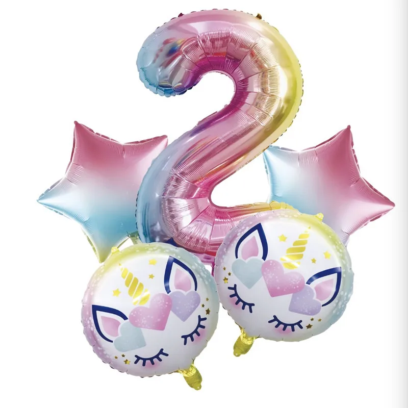 Радужный цветной набор кистей с ручкой в форме единорога номер фольги Воздушные шары на 1-й День Рождения вечерние украшения для детей Детские вечерние шары для девочек 5 шт - Цвет: 2
