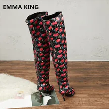 EMMA KING/Лидер продаж, Сапоги выше колена с цветочным принтом, с розами, с острым носком, на шпильках, женские вечерние сапоги до бедра