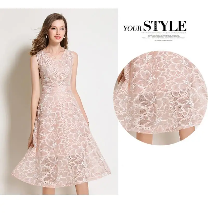2018 Summer Lace Dress Work Casual Slim Work Women Party Dresses V-neck Sexy Hollow Out A-line Vintage Vestidos
