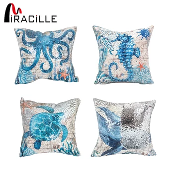

Miracille Marine Sea Life Sea Turtle Printed Reversible Sequin Cushion Cover Sea Horse Octopus Home Decorative Throw Pillowcase